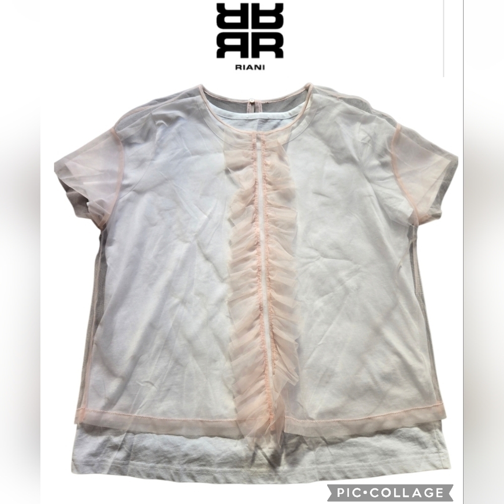 NWOT Riani White and Pink Cotton Ruffle Top Sz 12 Us
